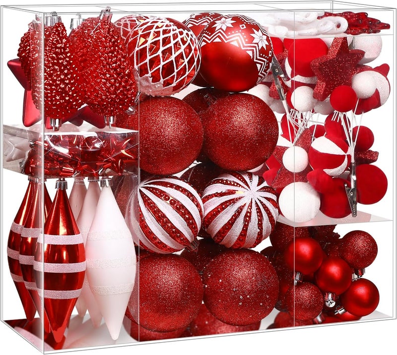 SHareconn 112ct Christmas Tree Balls Ornaments, Classic Pearl Gift Box, Shatterproof Plastic Decorative Baubles for Xmas Tree Decor Holiday Wedding Party Decoration with Hanging Hooks, Red & White - Image 1